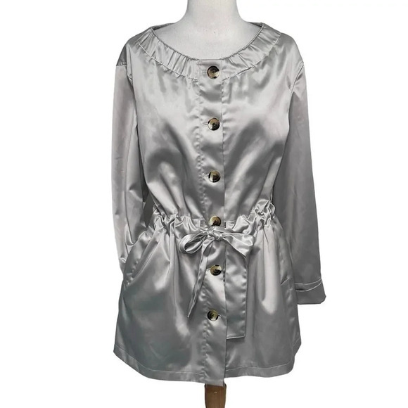 Liz Claiborne New York women’s M jacket silver satin drawstring waist collarless - Picture 1 of 8